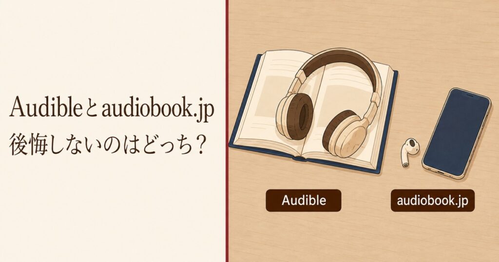 Audibleとaudiobook.jpの比較。開いた本の上のヘッドフォンとスマートフォンのイラスト